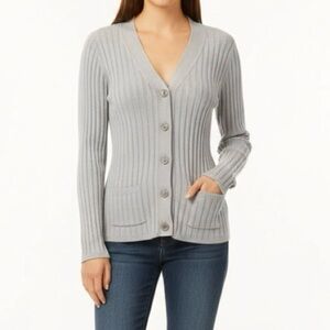 Talbots Cardigan Sweater Gray Ribbed Button Front M Lunch Office Work Everyday
